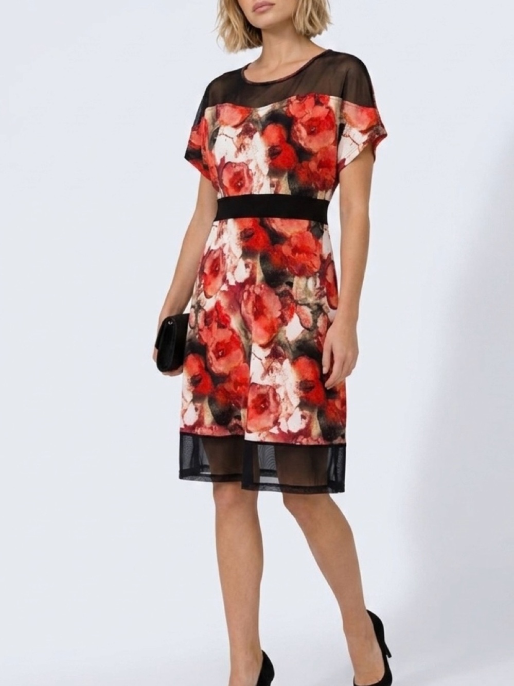 Red Floral Midi Dress with Sheer Black Accents